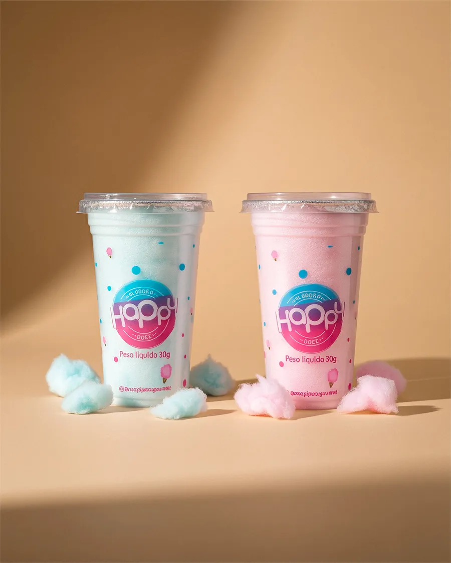 Dois copos de algodão doce Happy, azul e rosa